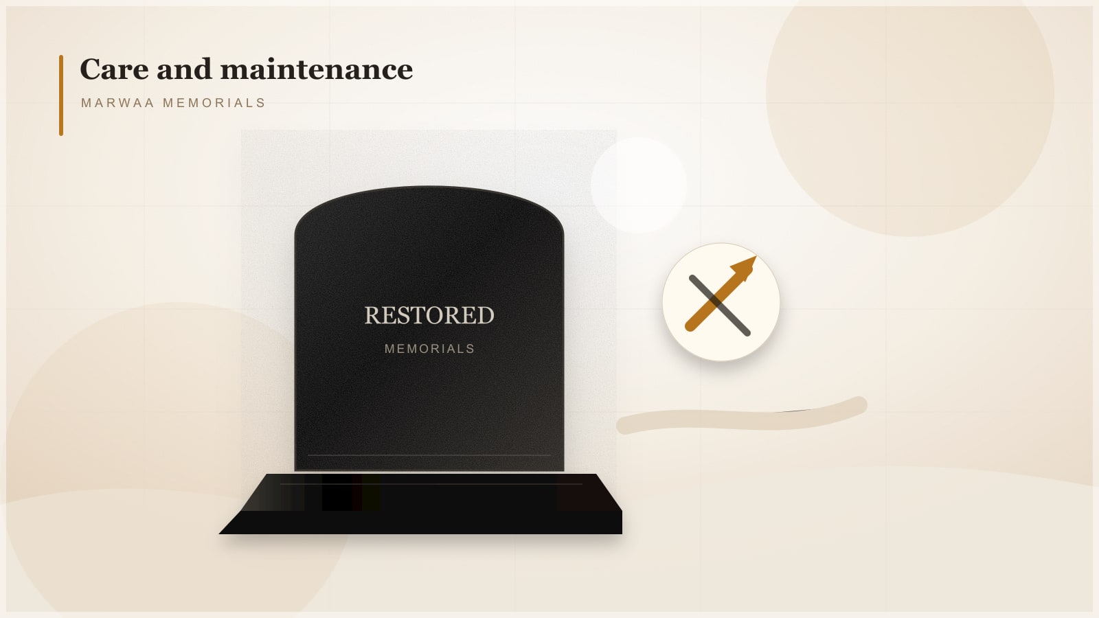 A leaning granite headstone being examined and reset by a monument restoration crew