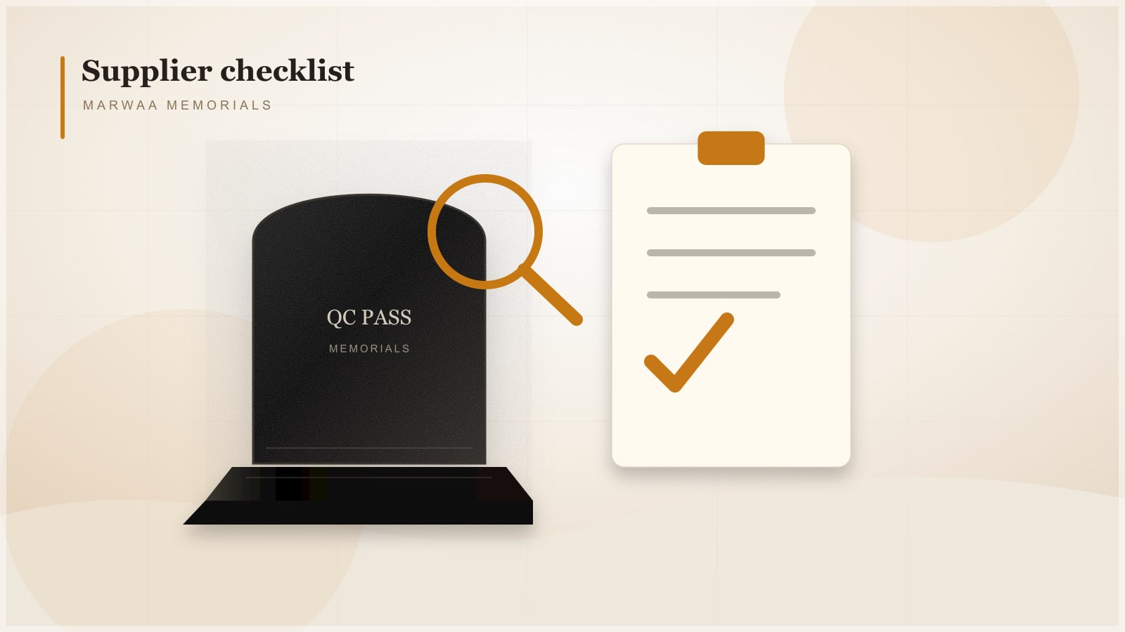 Polished black and grey granite headstones on wooden pallets in an export warehouse with a supplier evaluation checklist on a clipboard