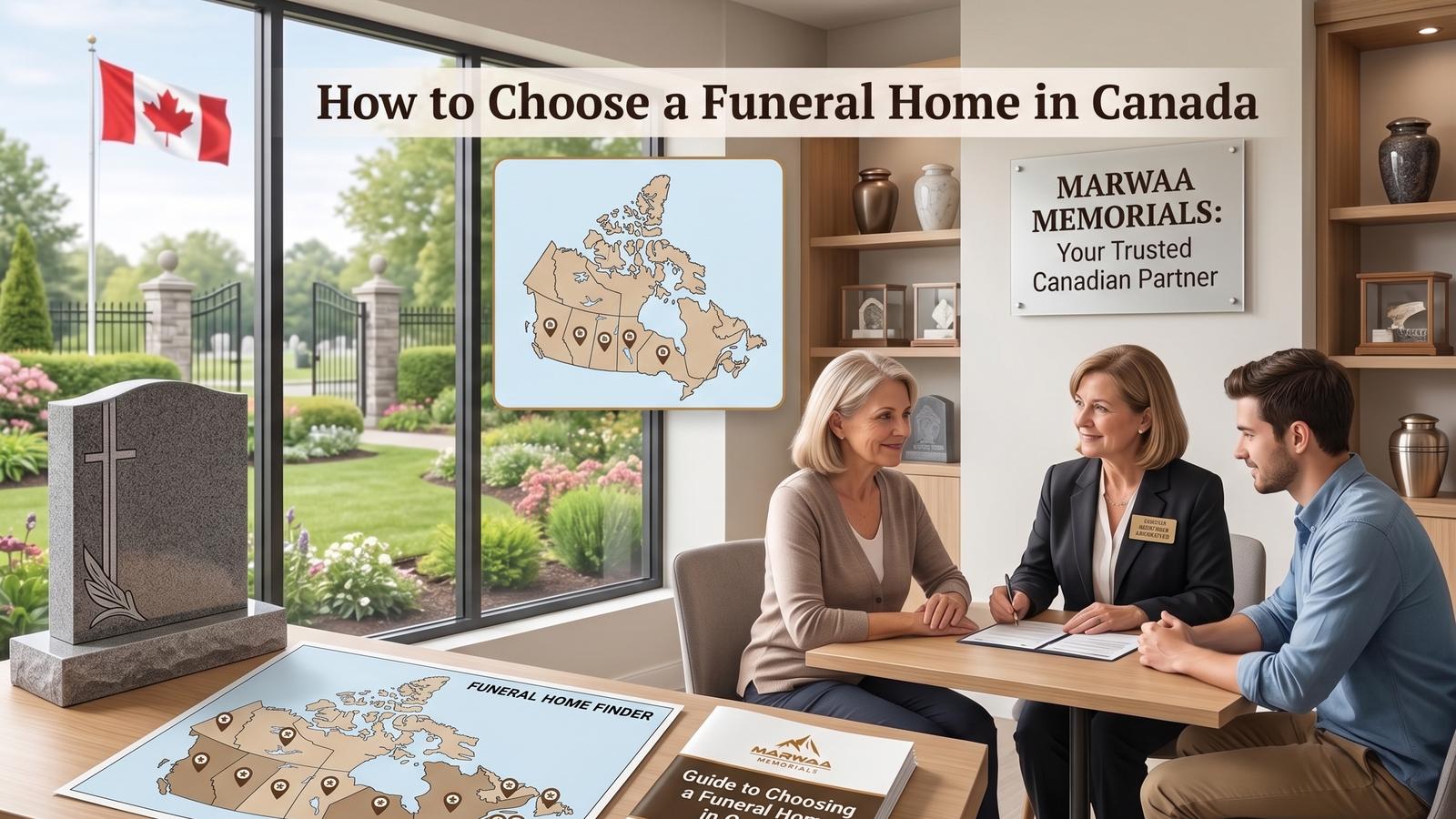 Family consulting with a funeral home advisor in Canada, with a Canada-wide funeral home locator map and planning guide on the desk