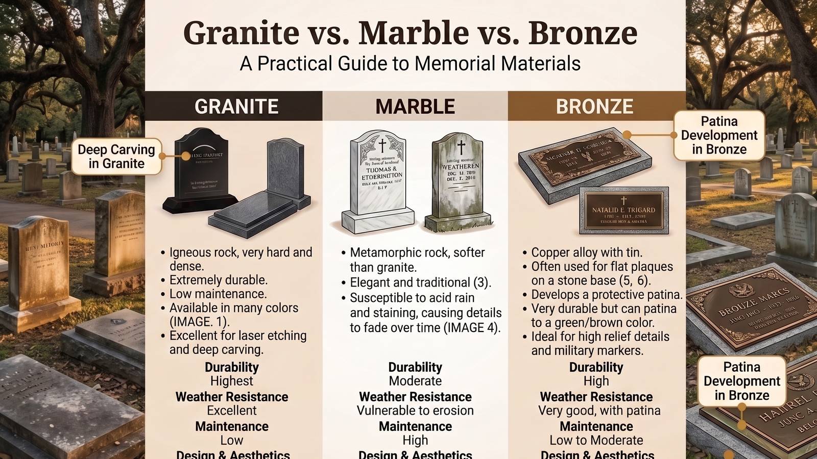 Side-by-side infographic comparing granite, marble, and bronze memorial materials, including durability, maintenance, and typical shapes