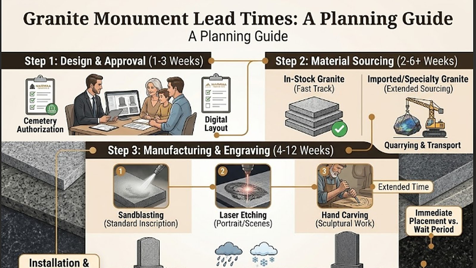 Infographic showing the three-step granite monument production timeline: design and approval, material sourcing, and manufacturing and engraving