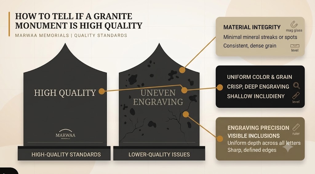 Side-by-side comparison of a high-quality granite headstone versus one with uneven engraving and visible inclusions