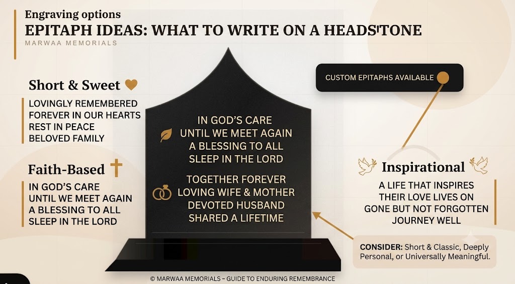 Epitaph ideas infographic showing short and sweet, faith-based, and inspirational headstone inscription examples