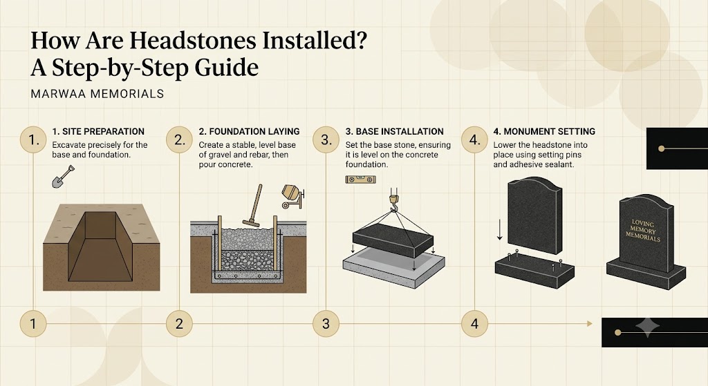Step-by-step infographic showing headstone installation: site preparation, foundation laying, base installation, and monument setting