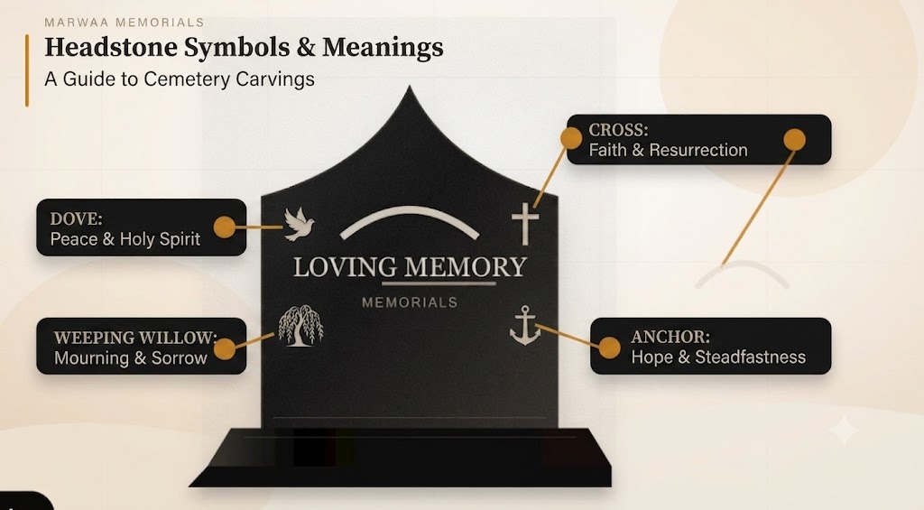 Headstone symbols and meanings infographic labeling a cross, dove, weeping willow, and anchor carved into a granite headstone