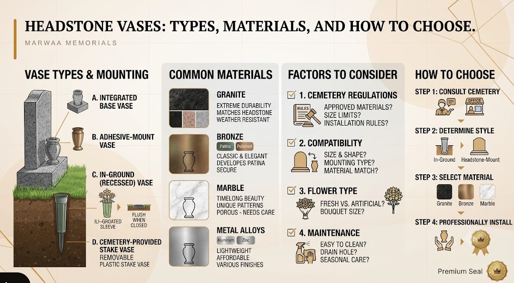 Headstone vases infographic showing vase types and mounting, common materials, factors to consider, and how to choose