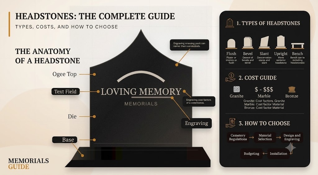 Complete headstone guide infographic showing the anatomy of a headstone alongside types, cost guide, and how-to-choose steps