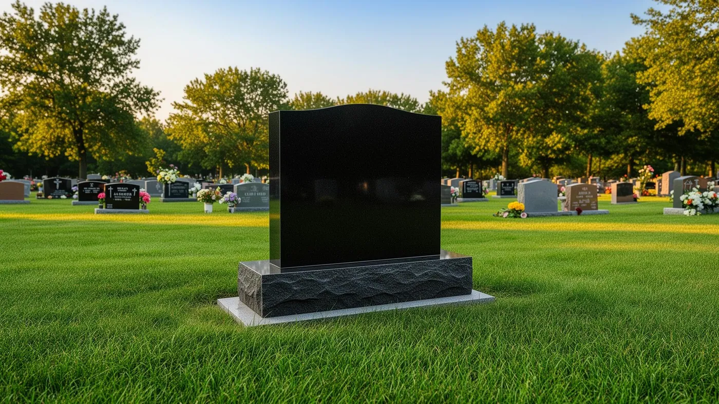 Installation crew setting black granite headstone at cemetery