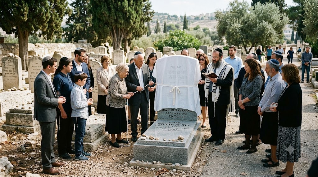Family and community members gathered around a granite headstone during a Jewish unveiling ceremony in a cemetery