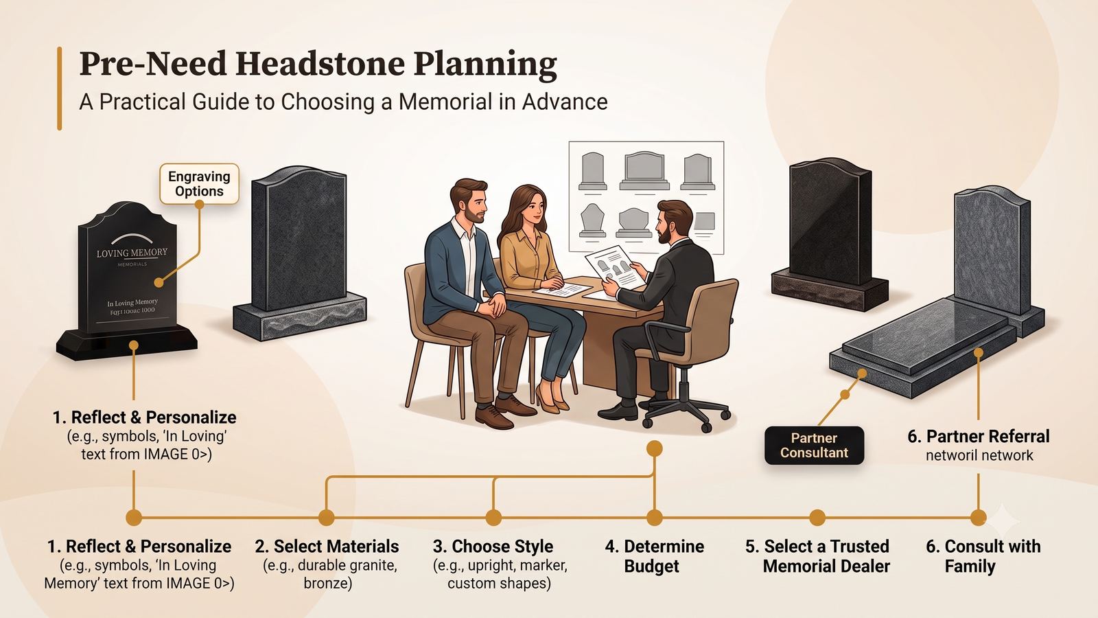 Illustrated guide to pre-need headstone planning showing a family consulting a memorial dealer alongside sample headstone shapes and engraving options