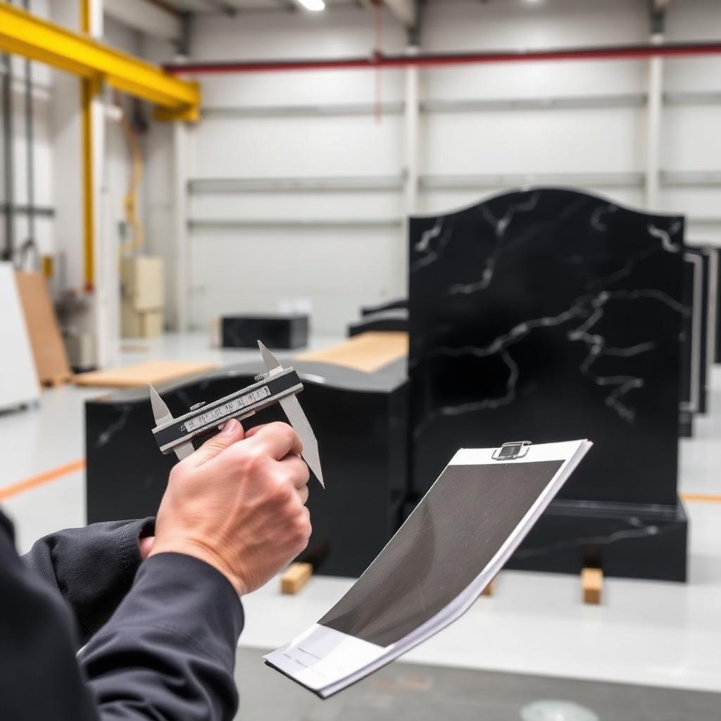 Quality control inspection of polished granite memorial surfaces before export